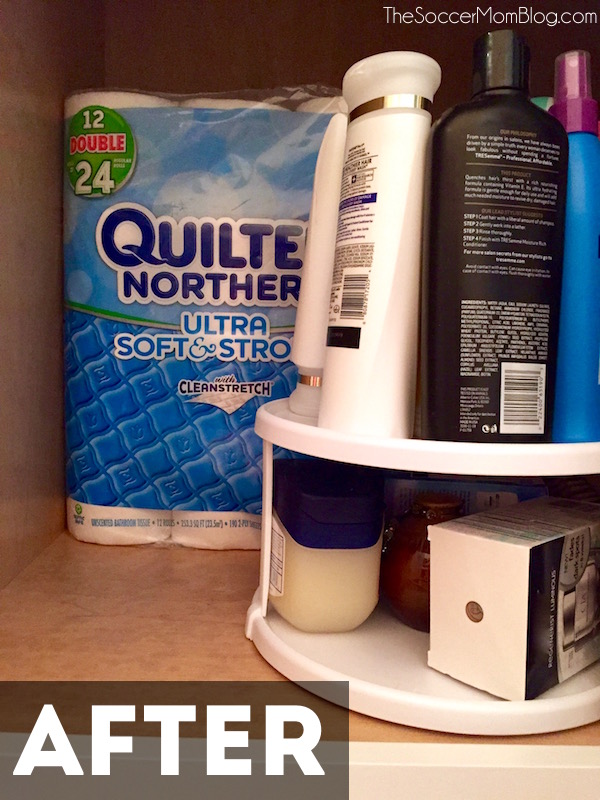 lazy susan with shampoo bottles and other bathroom supplies