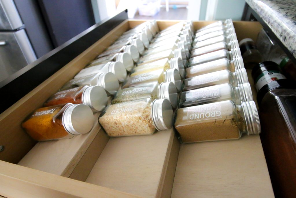 spices in a DIY wooden spice drawer organizer