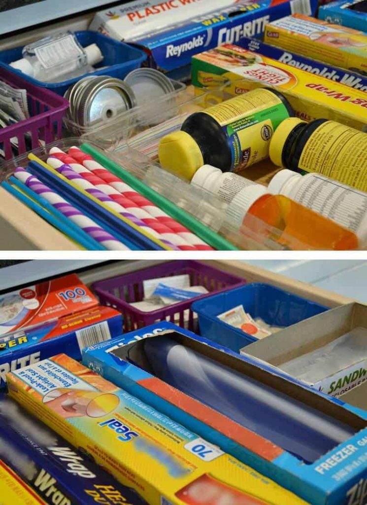 Two images of kitchen drawers organized with dividers made from food packaging, holding household items like straws, wraps, and spices
