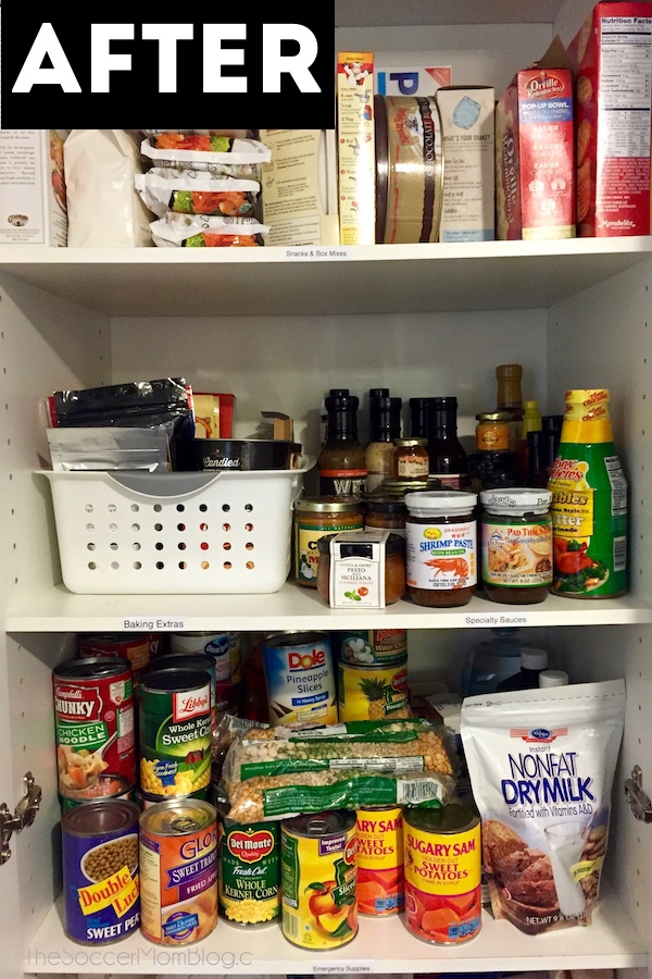 neatly organized pantry shelf labeled AFTER with canned goods, boxed meals, condiments and other food items
