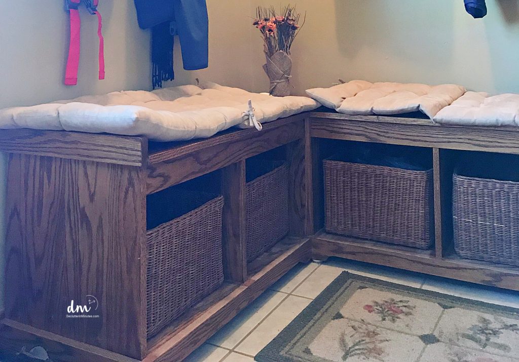 close up of a mudroom custom bench