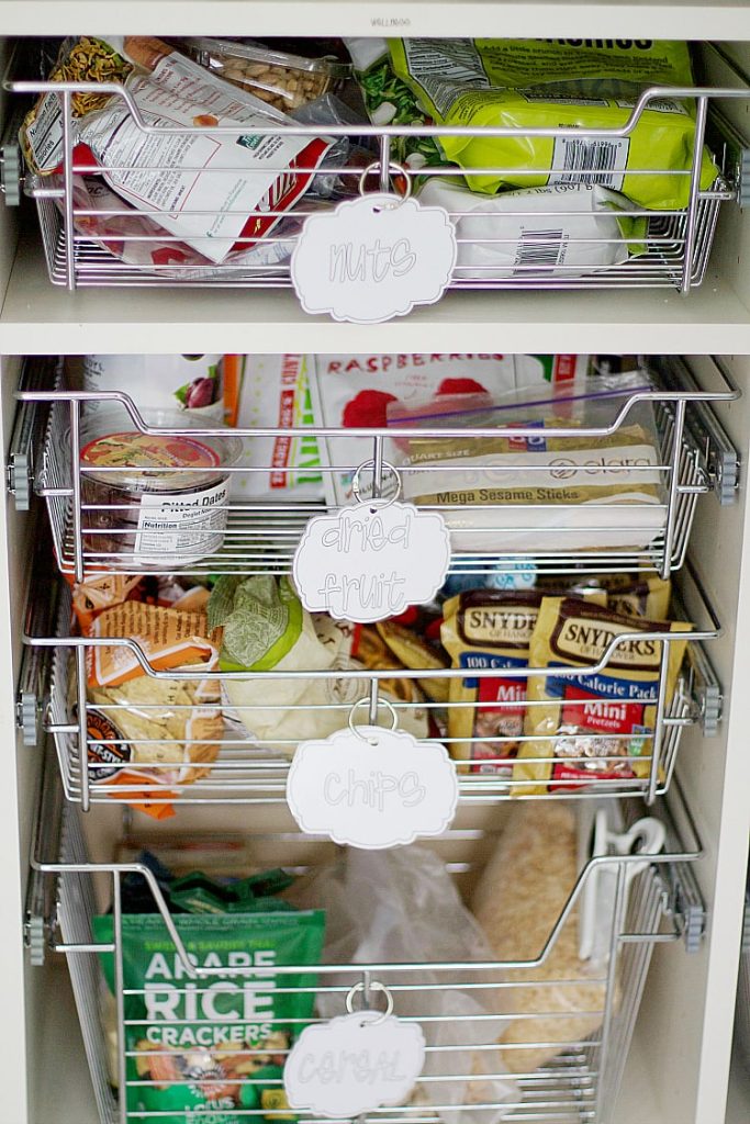 An organized pantry with labeled wire baskets containing various snacks, including nuts, dried fruit, chips, and cereal