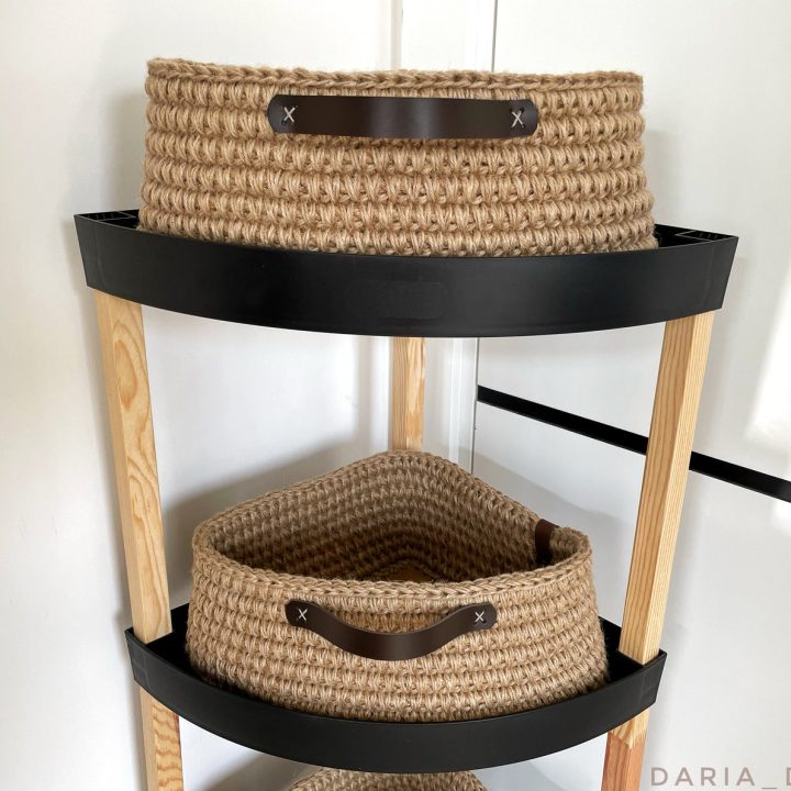 Corner shelf with woven baskets for storage