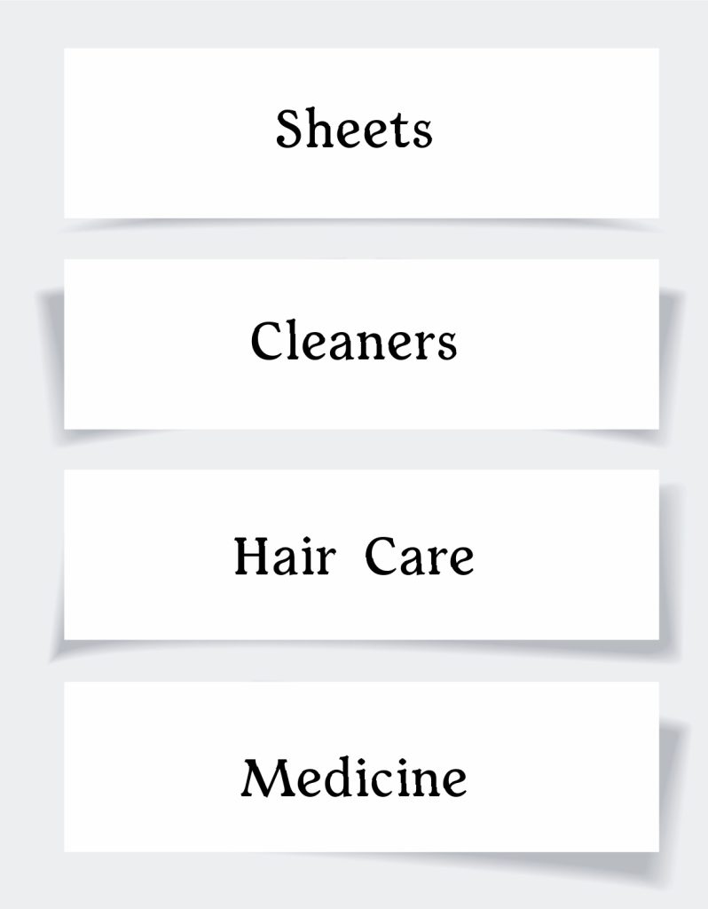4 linen closet labels-sheets, cleaners, hair care, medicine