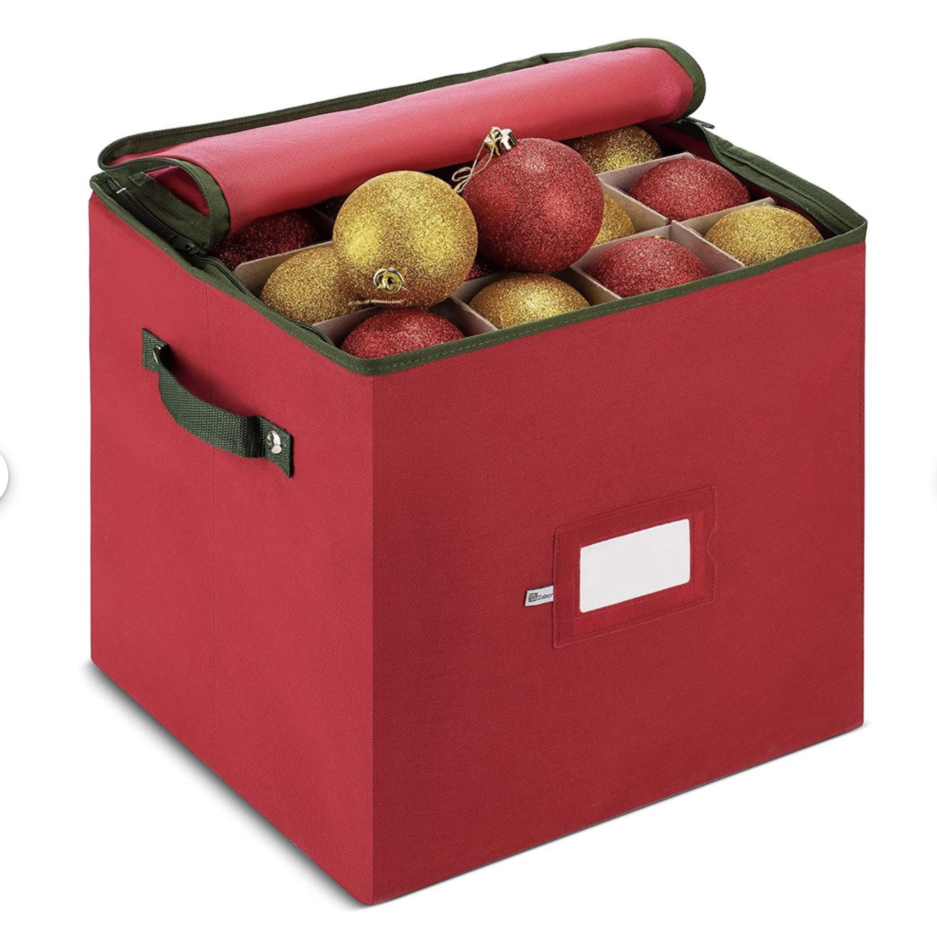 A red storage box with compartments holding gold and red Christmas ornaments