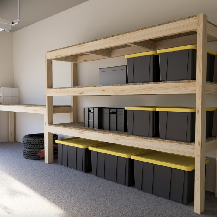 Wooden garage shelving unit holding black storage bins