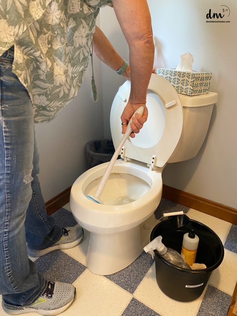 a woman cleaning a toilet in a bathroom