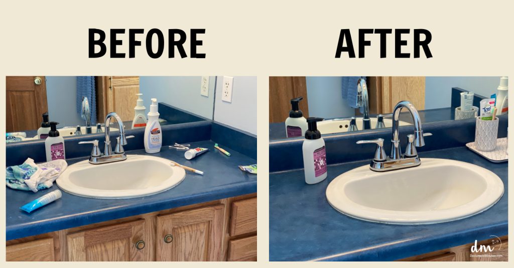 before and after of a messy bathroom counter around a sink