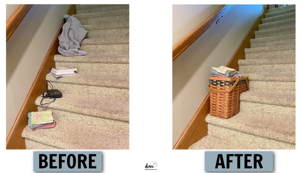 a before image of a cluttered set of stairs and a clutter basket in the after showing neat stairs