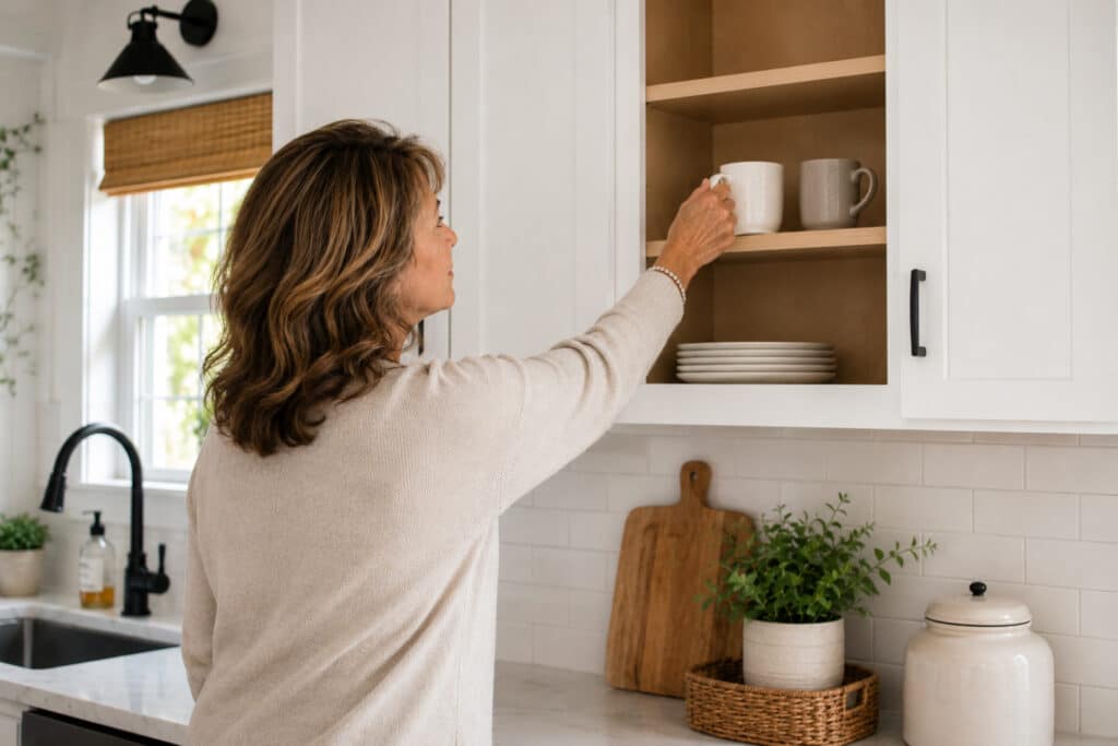 a woman reaching into a white cabinet grabbing a coffee mug