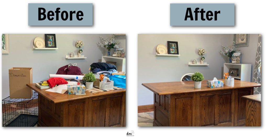 before and after of a messy to organized home office desk 