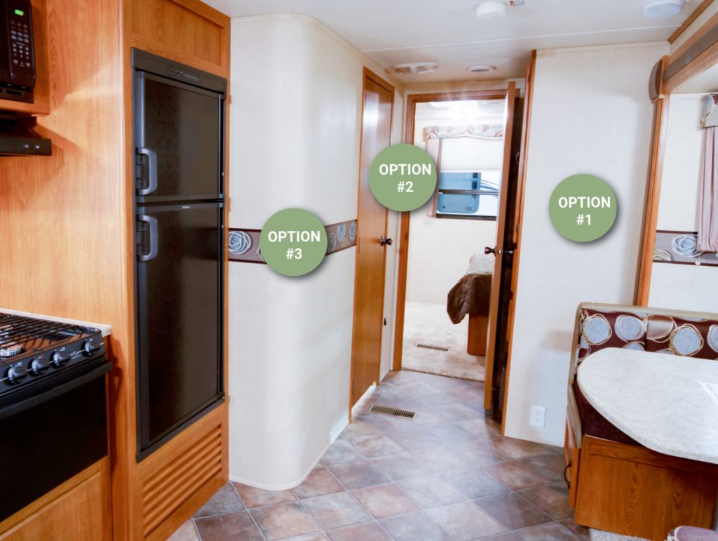 inside of an RV with 3 options to put a command center