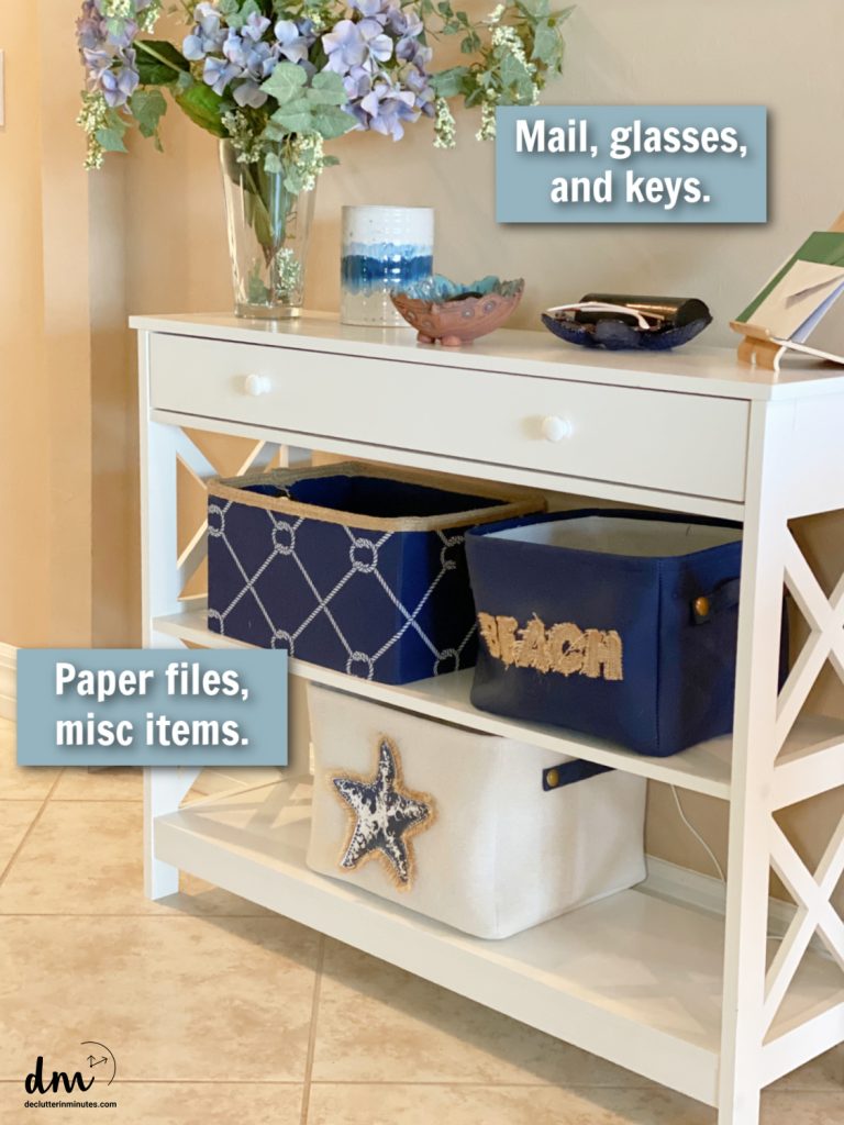 table top command center with baskets and flowers
