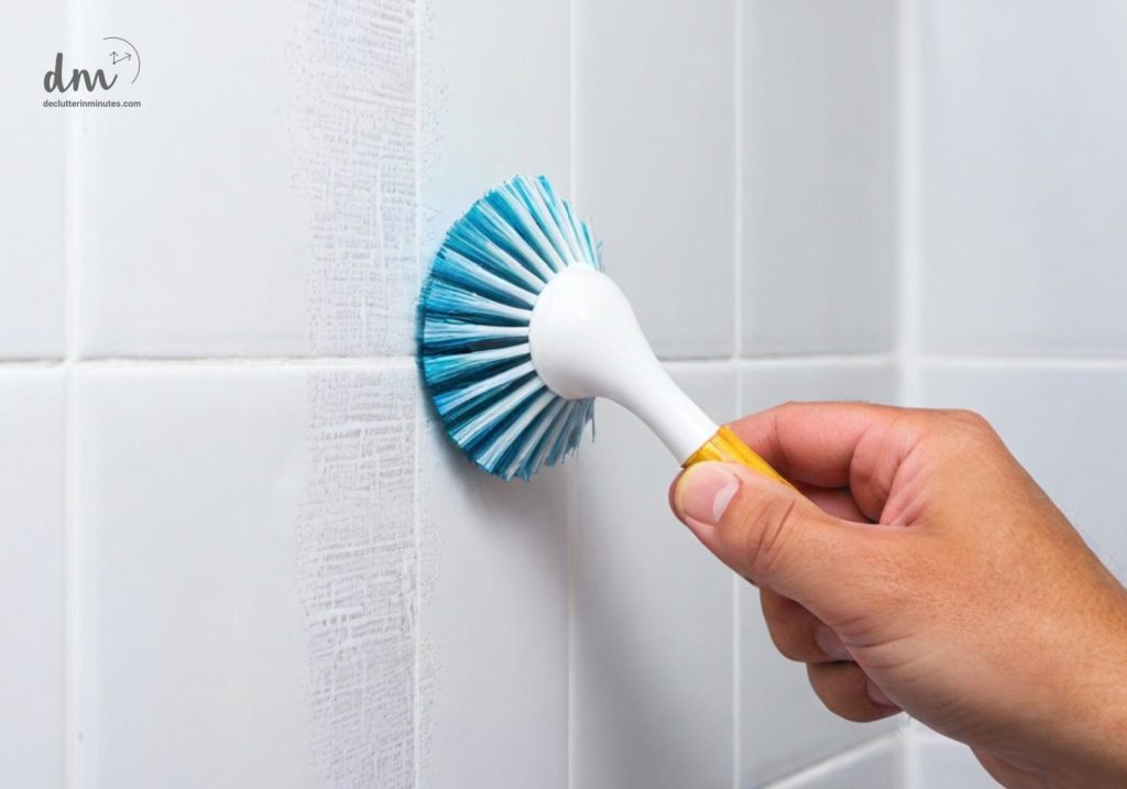 a hand holding a brush cleaning grout in a shower