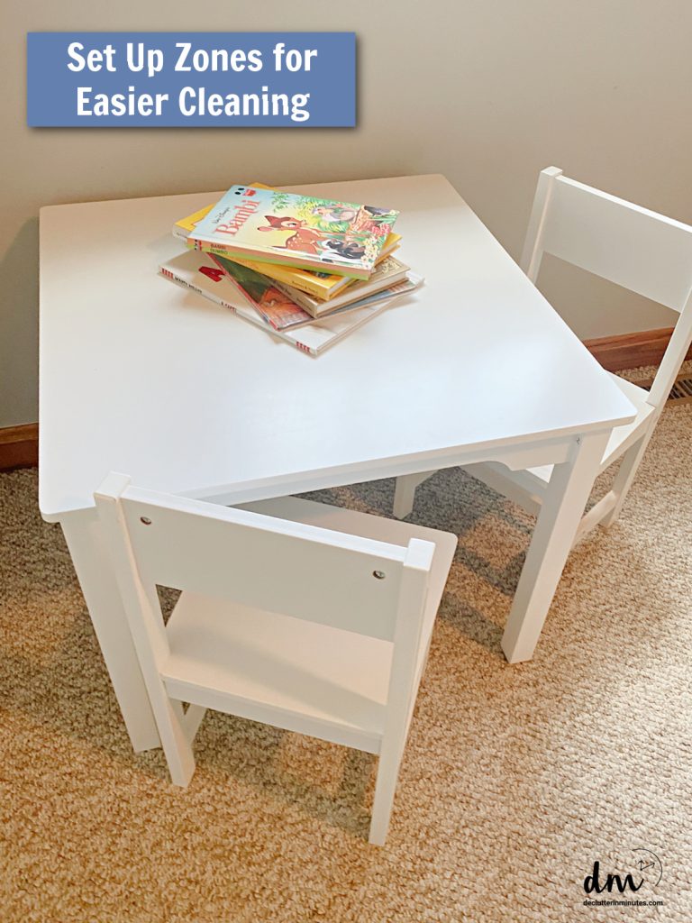 a kids table with books stacked on top in a kids room