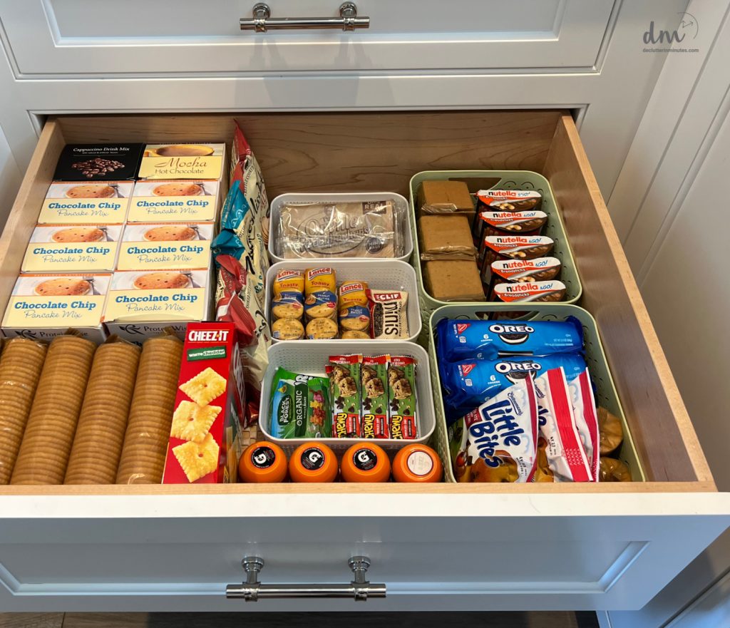 a snack drawer in a pantry