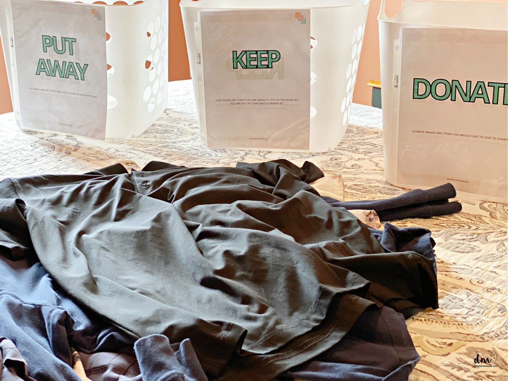 3 sorting bins, Keep Put Away, and Donation