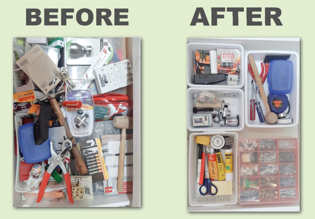 a junk drawer showing before cluttered and after organized