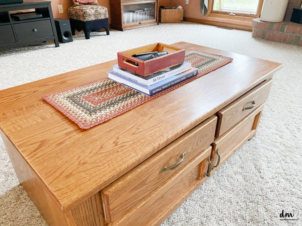 a neat coffee table in a family room