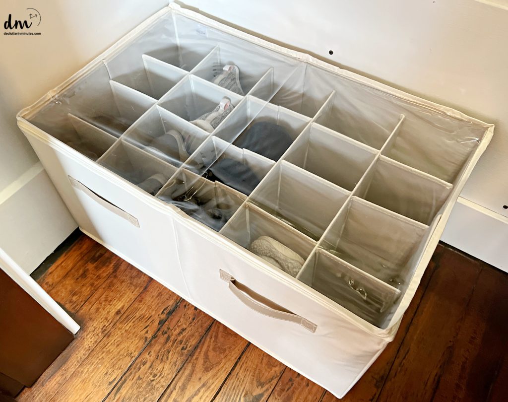 shoe organizer on the floor of a closet