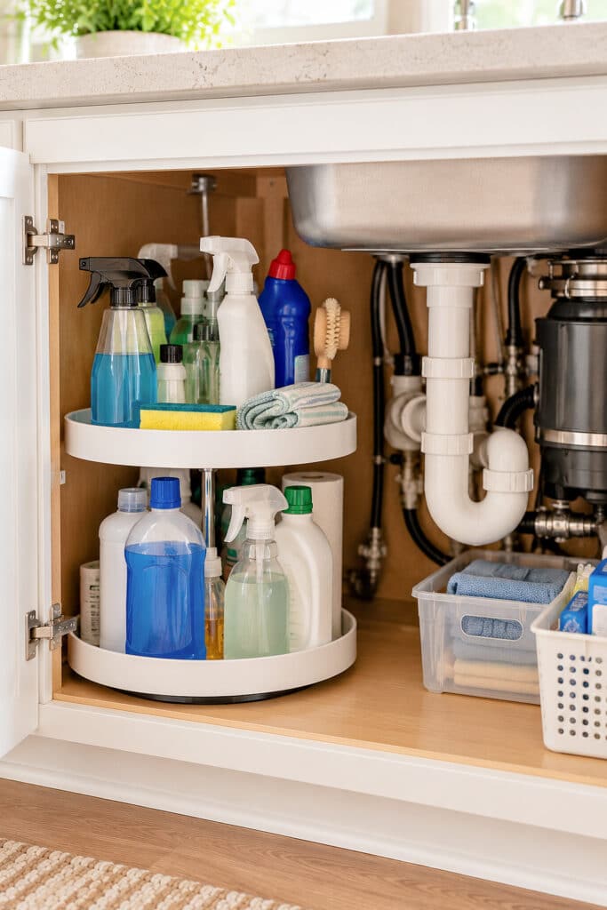 a lazy susan holding cleaning supplies under a kitchen sink