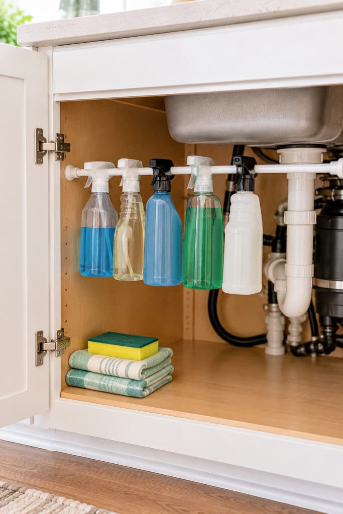 a tension rod under a sink holding spray bottles of cleaners