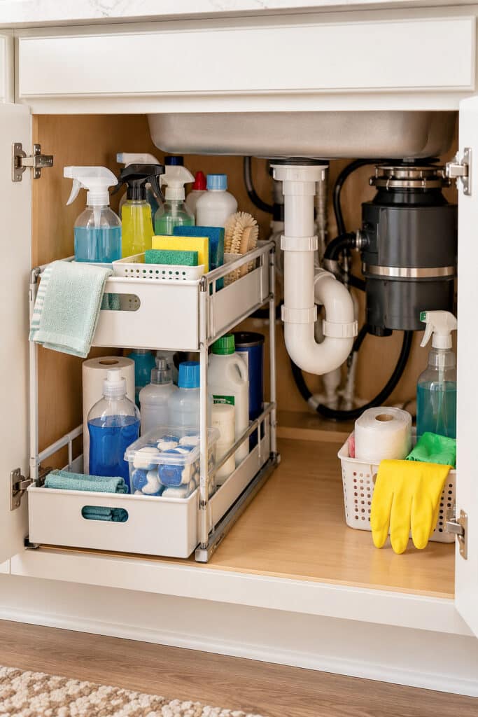 an organized area under a kitchen sink using a tiered 2 shelf drawer