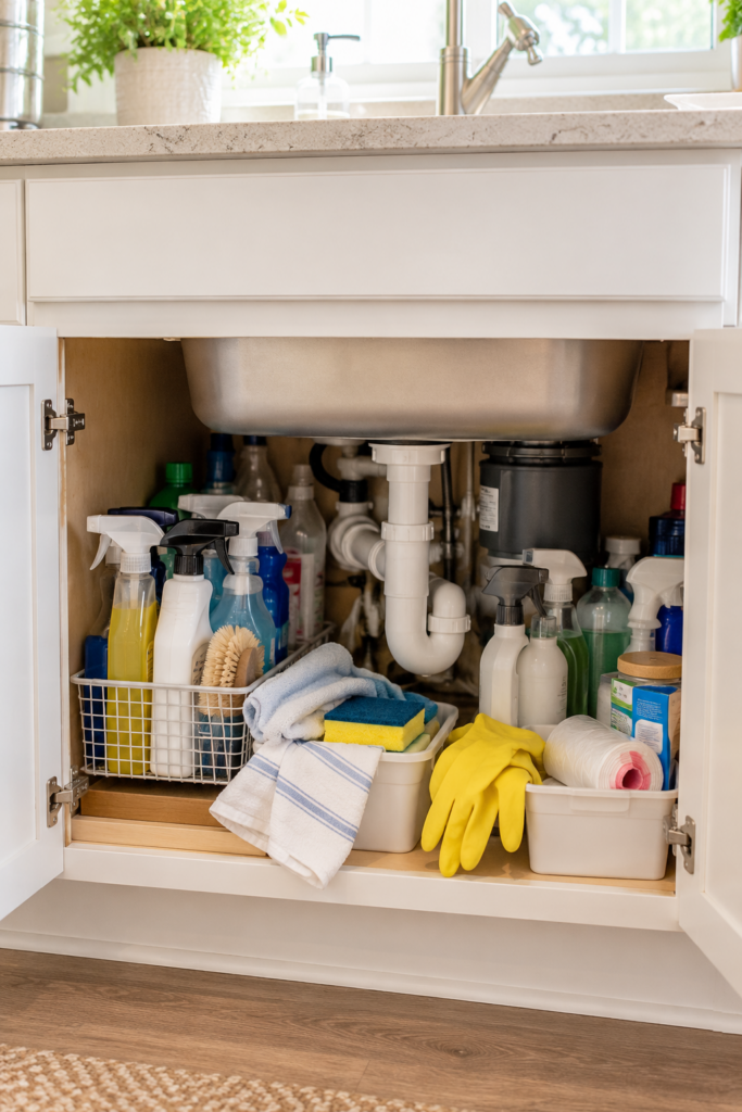 messy cluttered area underneath the kitchen sink
