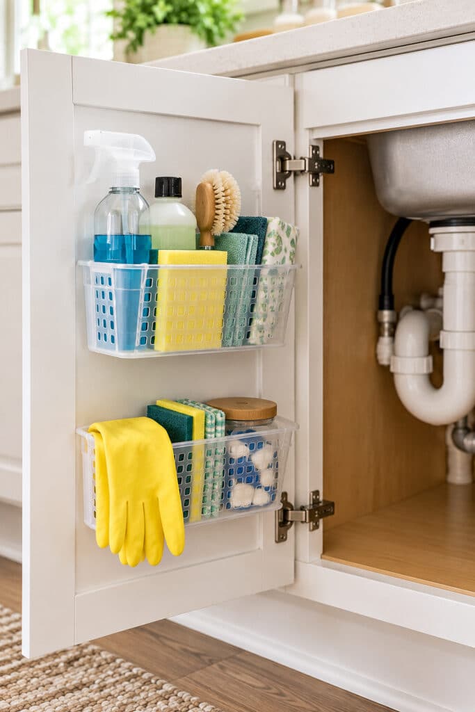 plastic baskets on the inside of an under the sink cabinet holding cleaning supplies