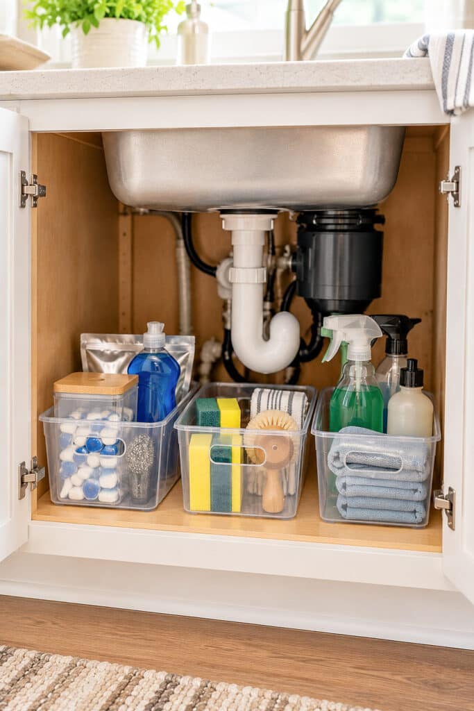 plastic bins holding cleaners under a kitchen sink