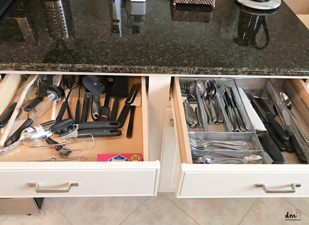 two utensil drawers. One organized one not