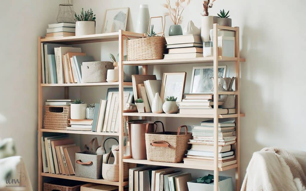 a photo of an organized but overstuffed bookshelf