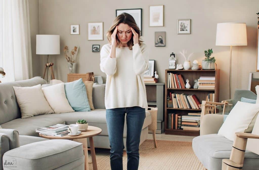 frustrated woman in an organized but too much room