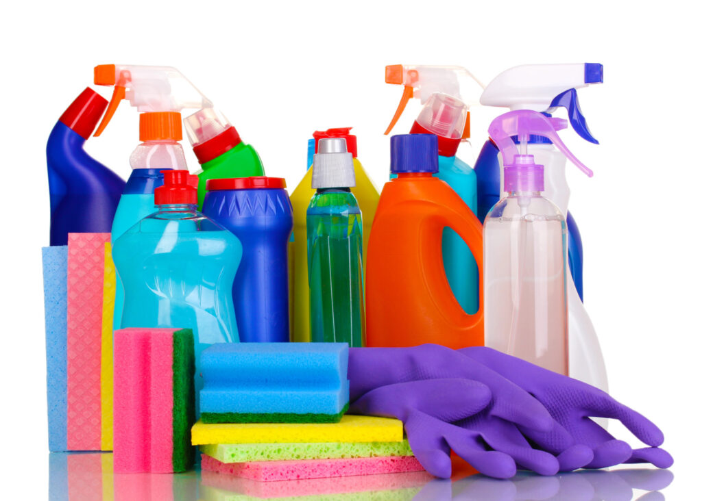 a collection of cleaning supplies and sponges