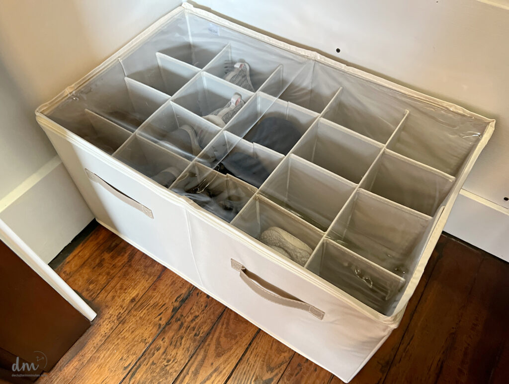 zipper bag organizer for shoes on the floor of a closet