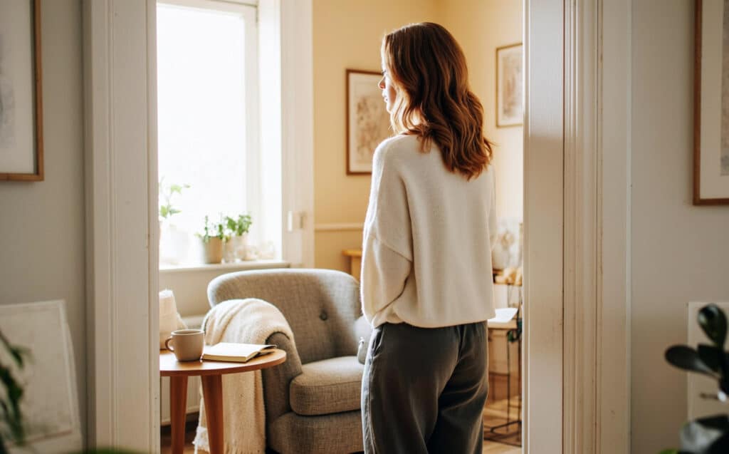 a young woman looking into a room thinking