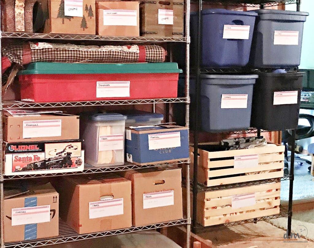 boxes of dated boxes on a shelf in an attic
