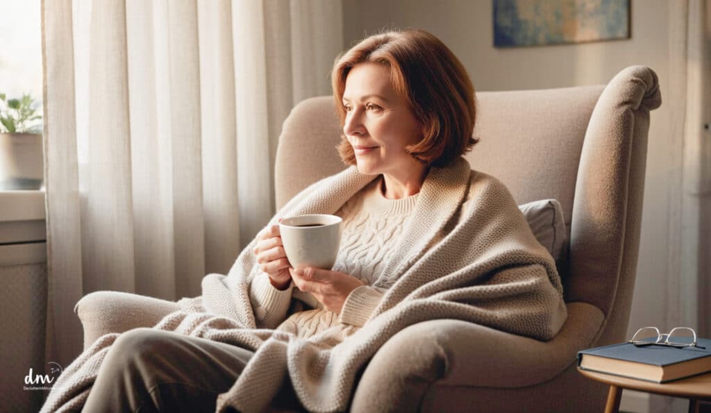 midlife woman sitting in a chair drinking coffee