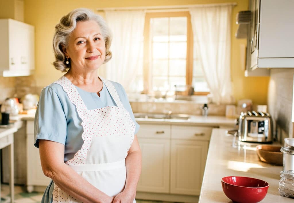 retro kitchen with a grandmother standing looking at the camera
