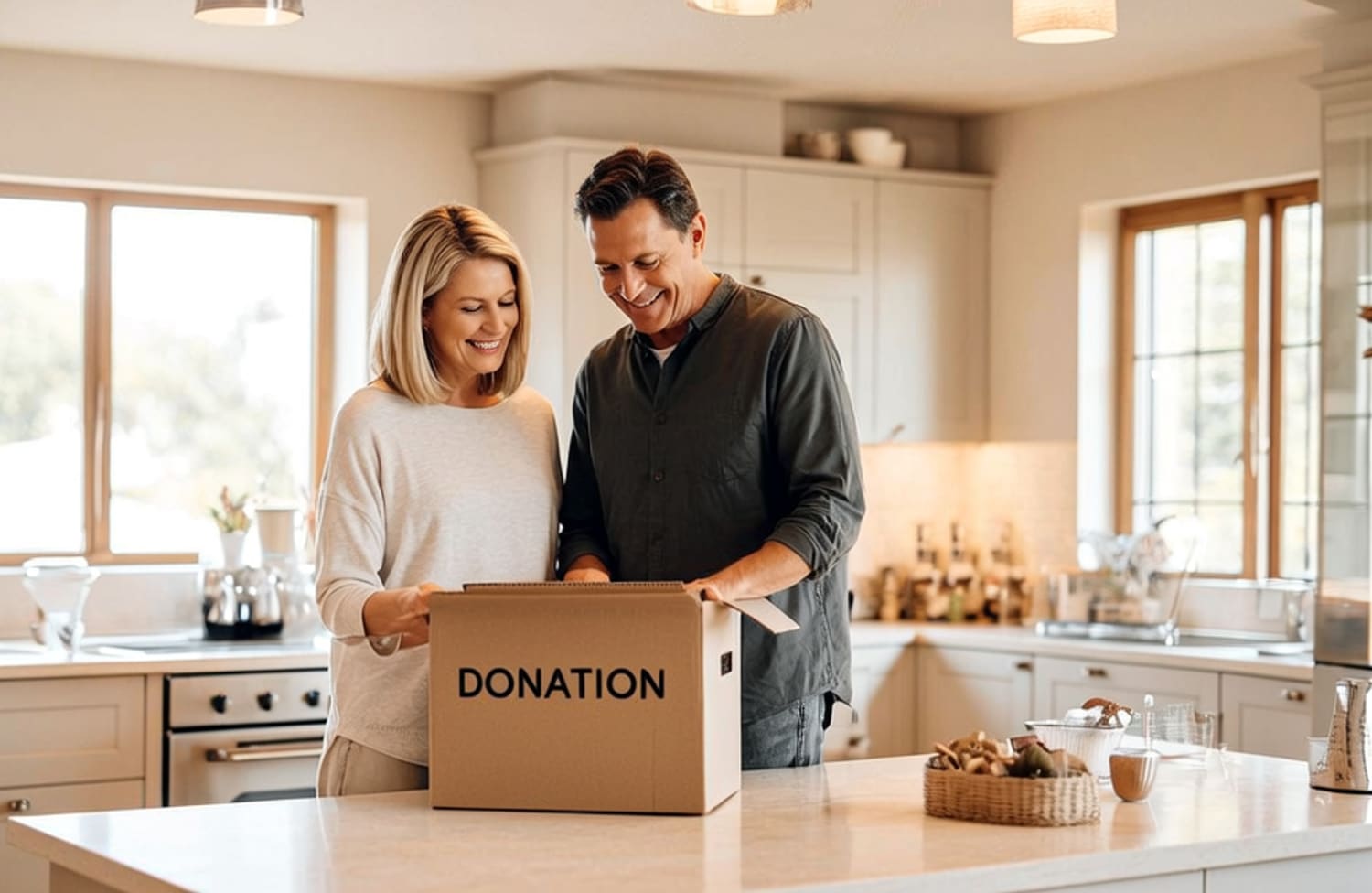 a midlife couple packing a donation box in a kitchen
