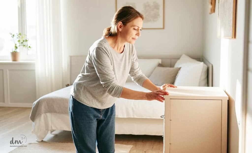 a woman adjusting a dresser in a bedroom