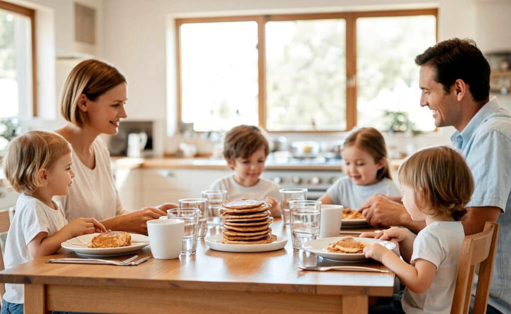 happy family eating pancakes at a table