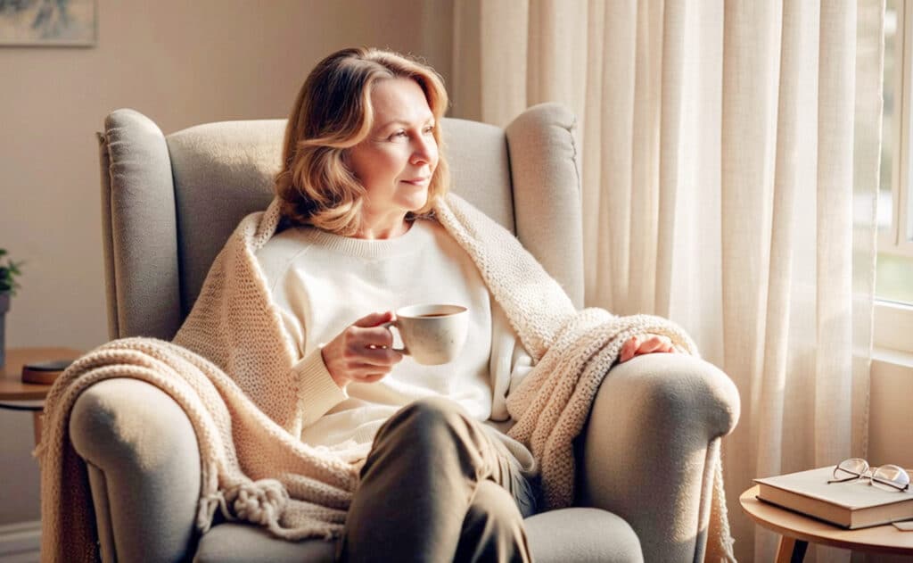midlife woman drinking coffee in a cozy room