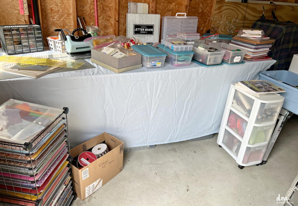 Craft supplies set out ready for a yard sale
