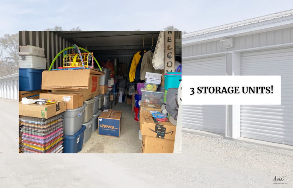 a photo of a storage unit in the forefront with a faced line of closed units behind with the words: 3 storage units!