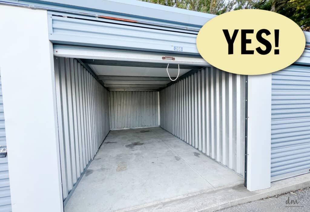 an empty storage unit with a yellow bubble and the words YES