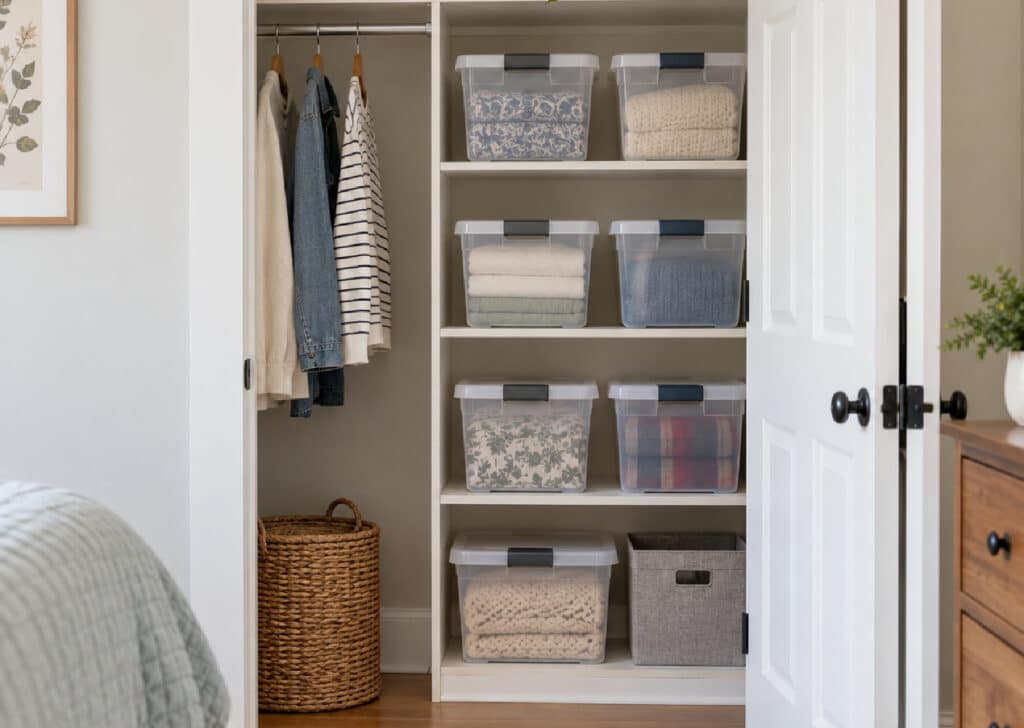 storage totes in a guest room closet