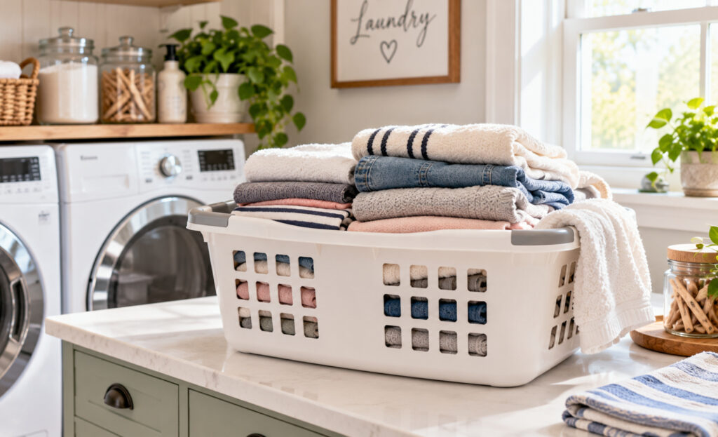 a pile of folded clothes in a Laundry Basket in a fresh bright laundry room