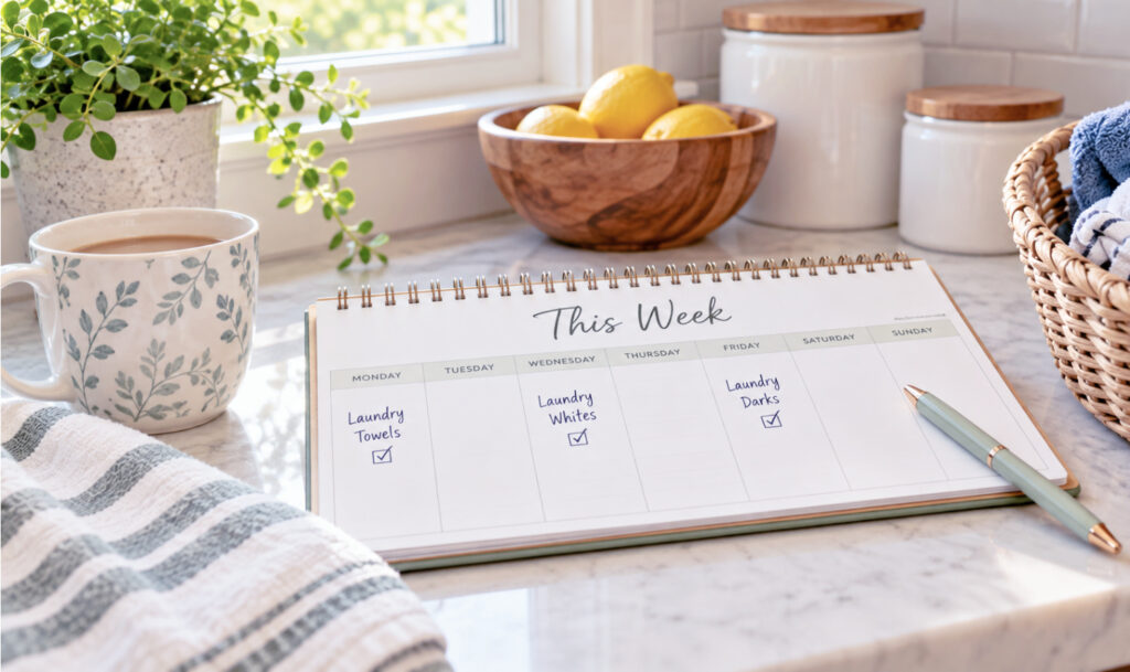 Weekly Laundry Planner on a counter next to a cup of coffee