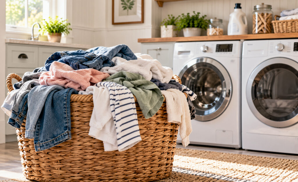 a Laundry Room with an overflowing basket of dirtly clothes in front of the washer and dryer